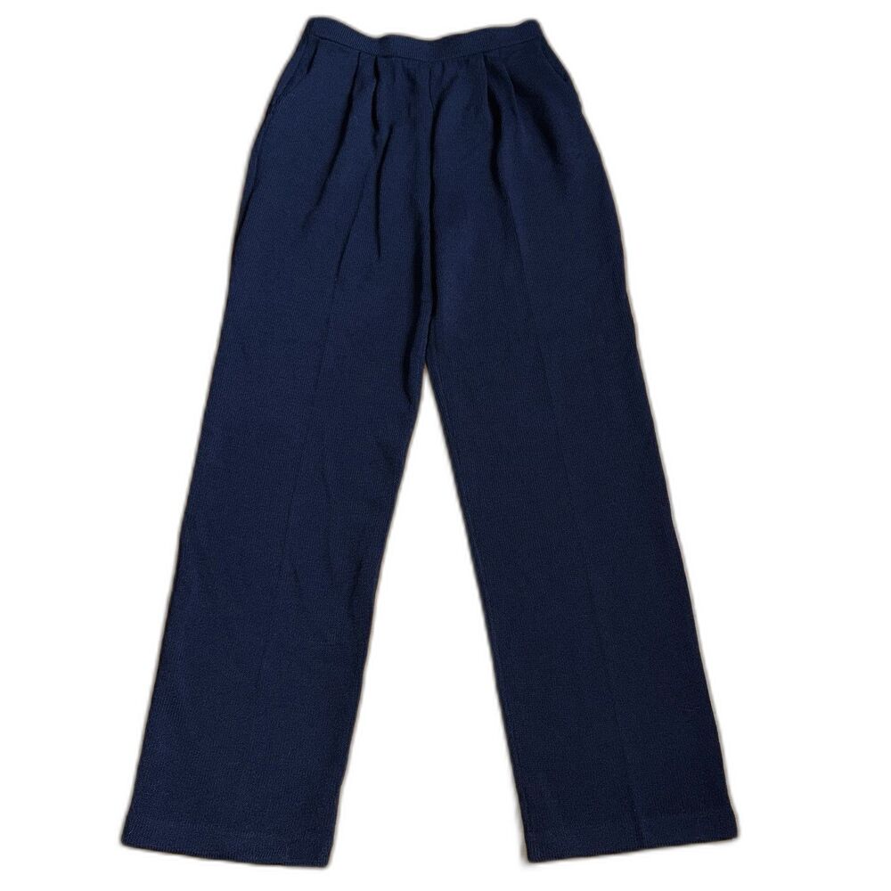 St. John Basics Santana Knit Pants Size 6 Navy Blue Straight Leg Pleated 30” VTG